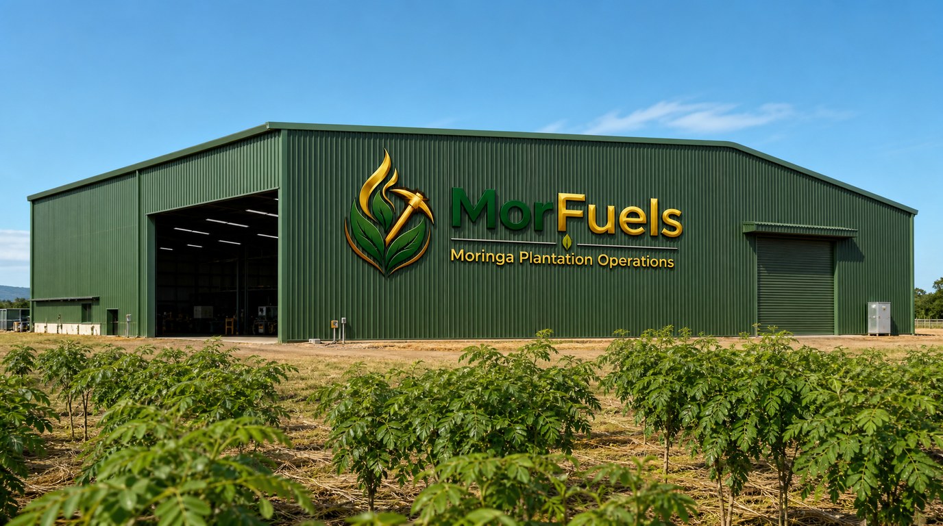 MorFuels branded plantation operations shed surrounded by Moringa trees